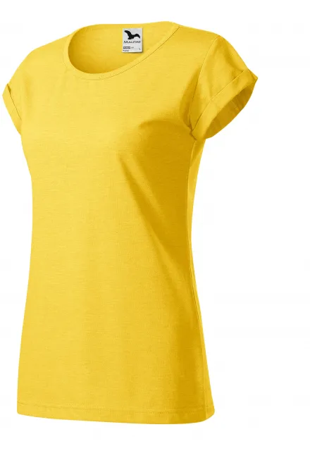 Dames T-shirt met opgerolde mouwen, geel marmer