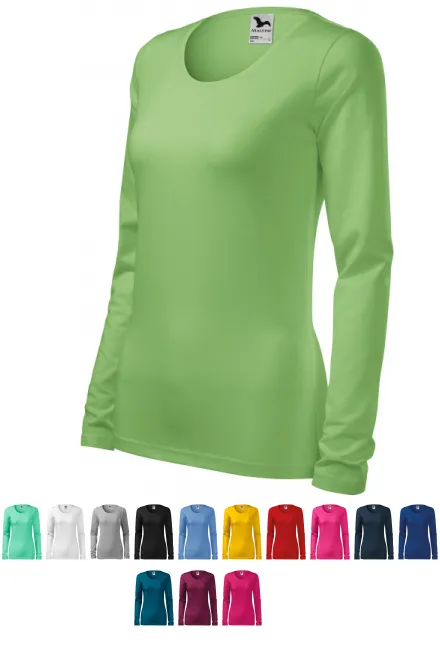 Eng anliegendes Damen-T-Shirt mit langen Ärmeln, erbsengrün