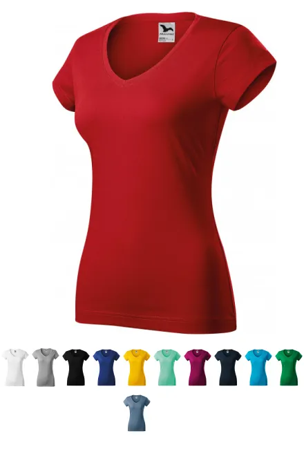 T-shirt damski slim fit z dekoltem w szpic, czerwony