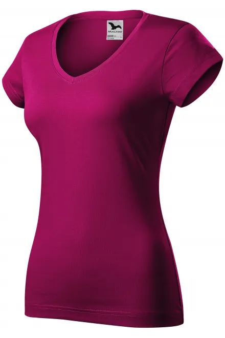 Ladies slim fit T-shirt with V-neckline, fuchsia red