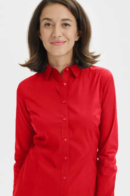 Chemisier en coton pour femme à manches longues, rouge