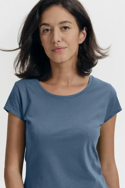 Dame slim fit T-shirt med rund halsudskæring, denim