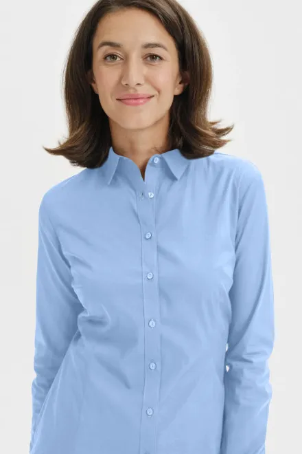 Damen Baumwollbluse mit langen Ärmeln, Himmelblau