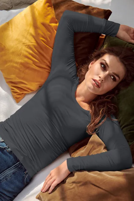 Damen T-Shirt mit langen Ärmeln und tiefem Ausschnitt, hellgrau