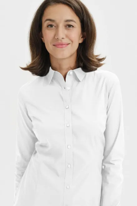 Dames katoenen blouse met lange mouwen, witte