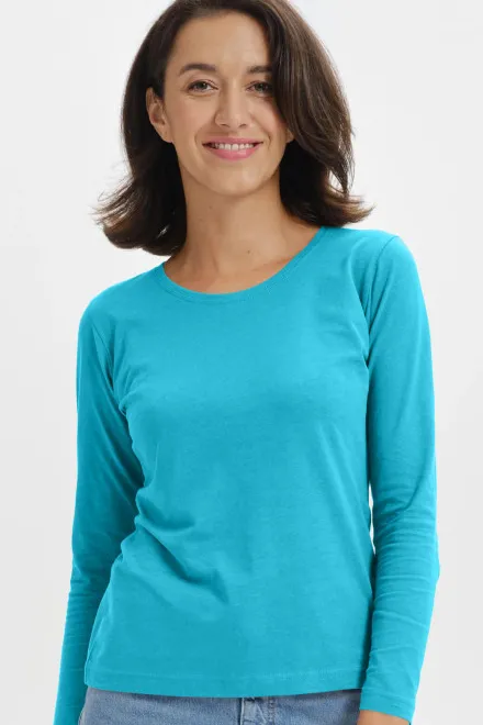 T-shirt för kvinnor med långa ärmar, turkos