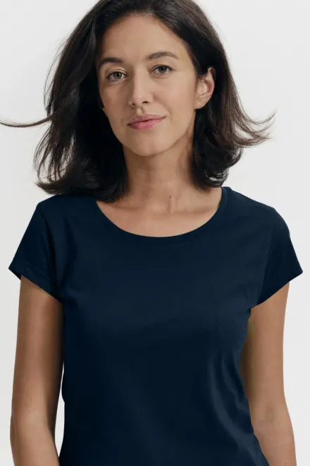 Tricou dama slim fit cu decolteu rotund, albastru inchis