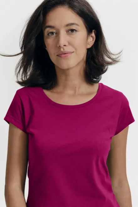 Ženska tanka majica kratkog kroja s okruglim izrezom, fuchsia red